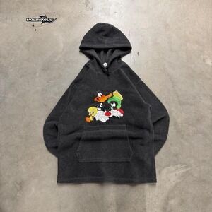 Vintage Looney Tunes Hoodie Mens Small Gray Fleece Retro Pullover Sweatshirt